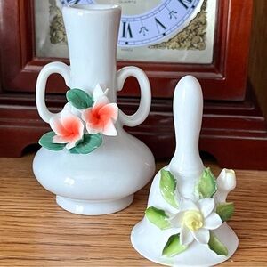White Mini Vase and Bell Set with Capodimonte Style Flowers